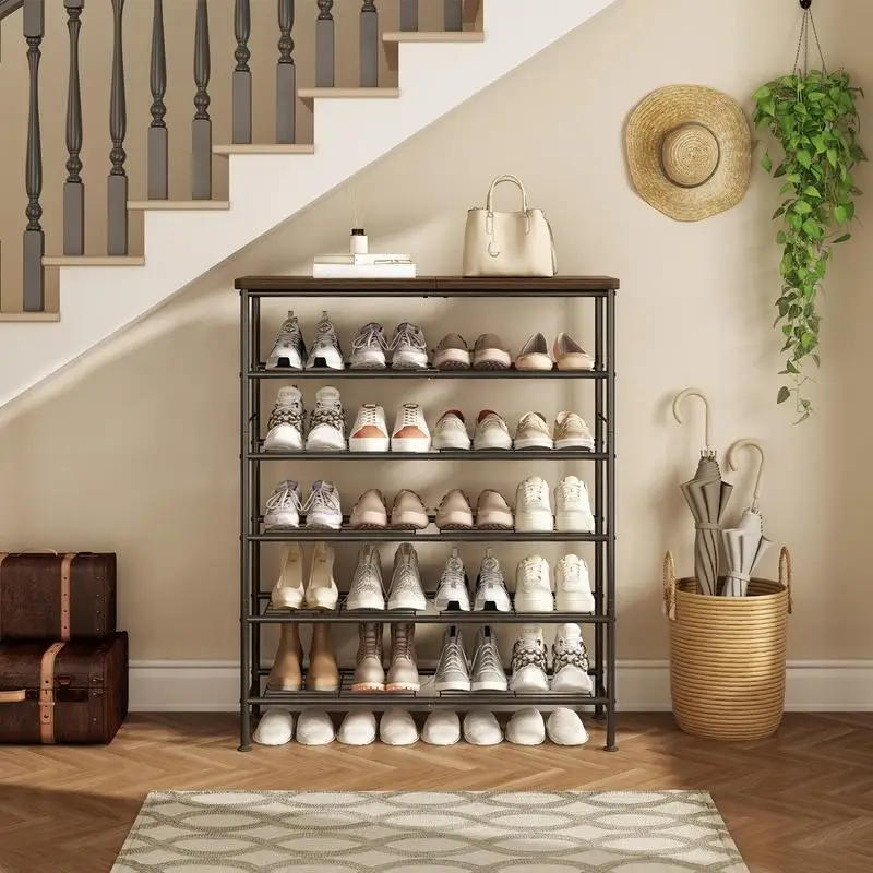 

6 Tier Shoe Rack Organizer Closet Entryway Free Standing Metal Storage Shoe Shelf with MDF Top Board