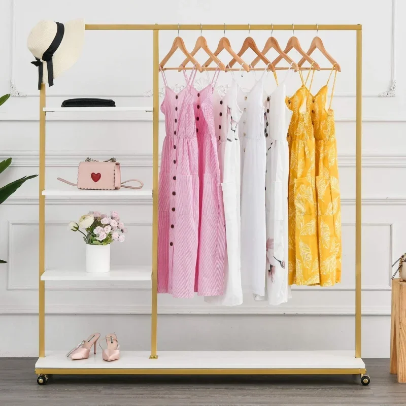 

BOSURU Gold Clothes Racks with 4-Tier Wood Shelves, Modern Freestanding Clothing for Hanging Clotes Display ,Ro