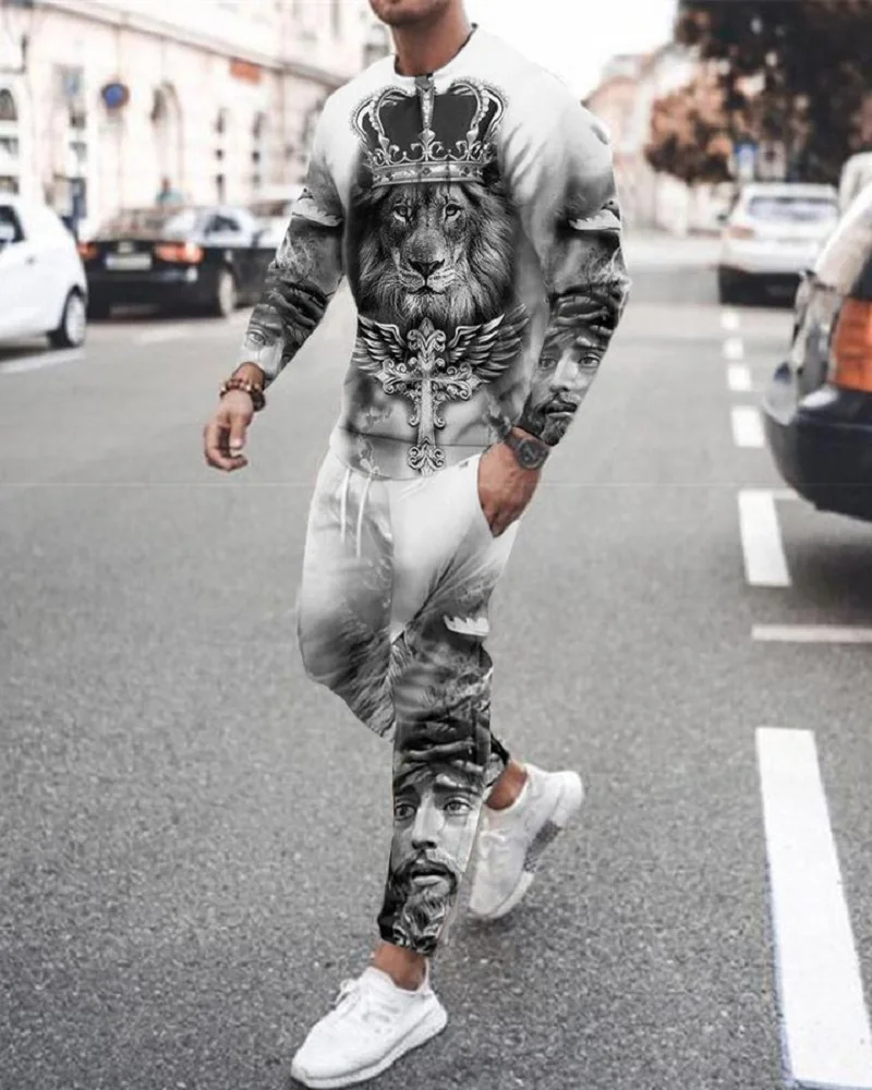 Men's Tracskuit 2-piece K King Letter 3D Printed Oversized Casual Suit Fashion Streetwear Long Sleeve T-Shirt Trousers Outfits