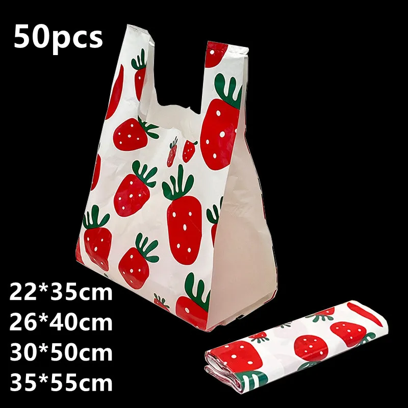 

50pcs Strawberry Vest Plastic Bag Food Grade Packaging Supplies Party Snack Gift Disposable Pouch Commercial Tote Bag Print Logo