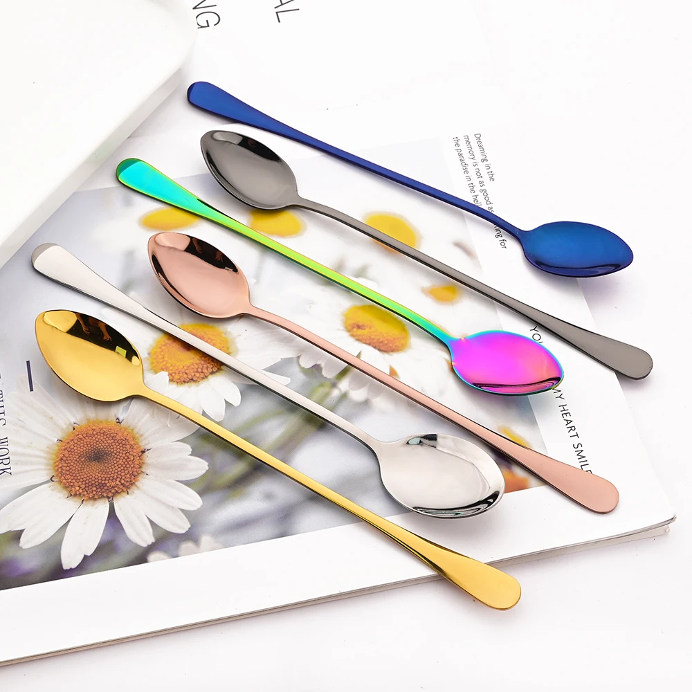 Black Coffee Spoon Stainless Steel Tableware Set Long Handle Ice Cream Dessert Teaspoon Picnic Drinkware Kitchen Accessories 6P stainless steel spoon,tea spoon
