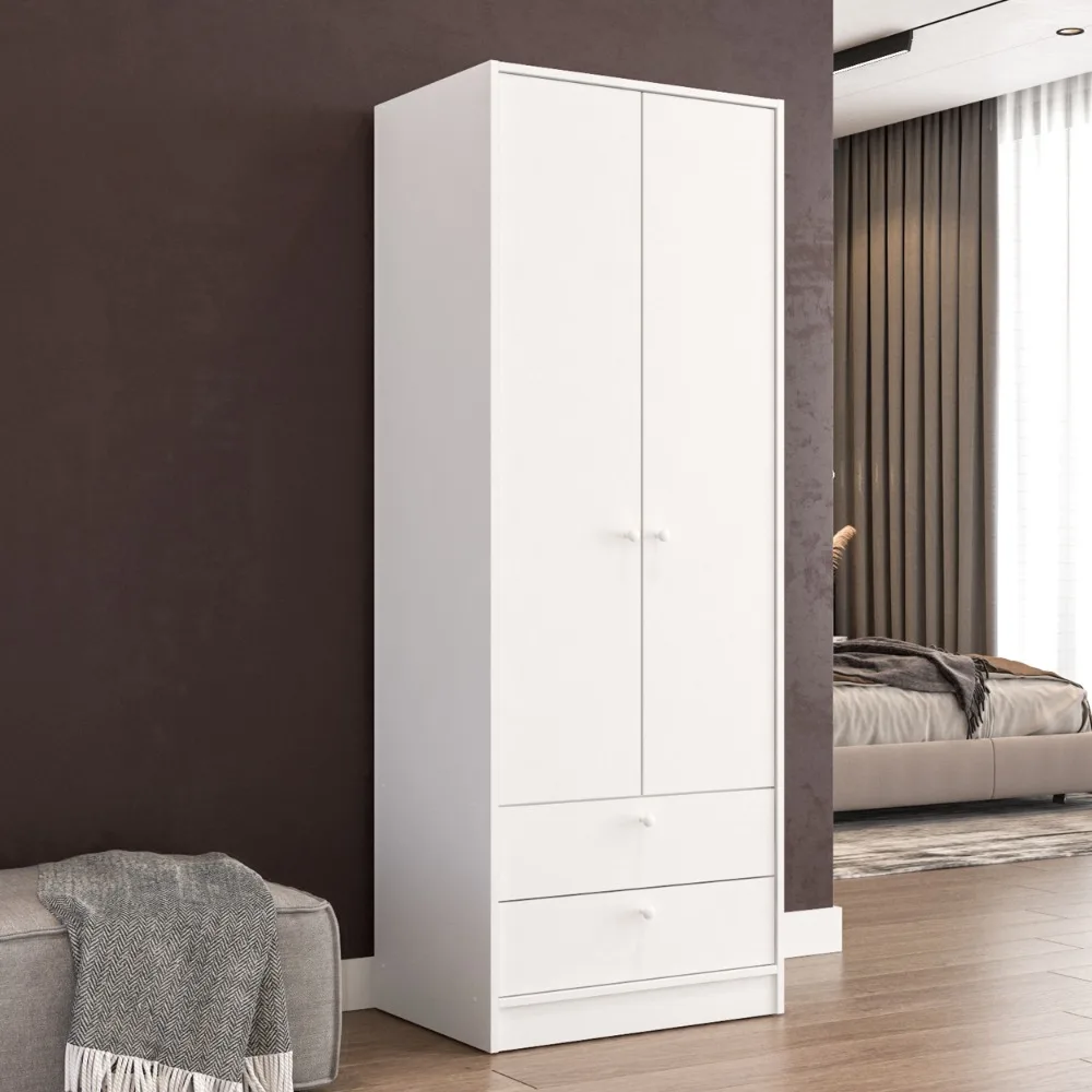 

Denmark 71 in. 2 Door Bedroom Armoire with 2 Drawers & Hanging Rod, White Wood