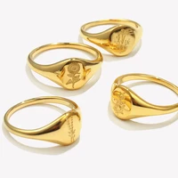 E.B.belle Tarnish Free Stainless Steel 18k Gold Plated Engraving Wildflower Tea Leaf Lavender Sunflower Signet Rings For Women