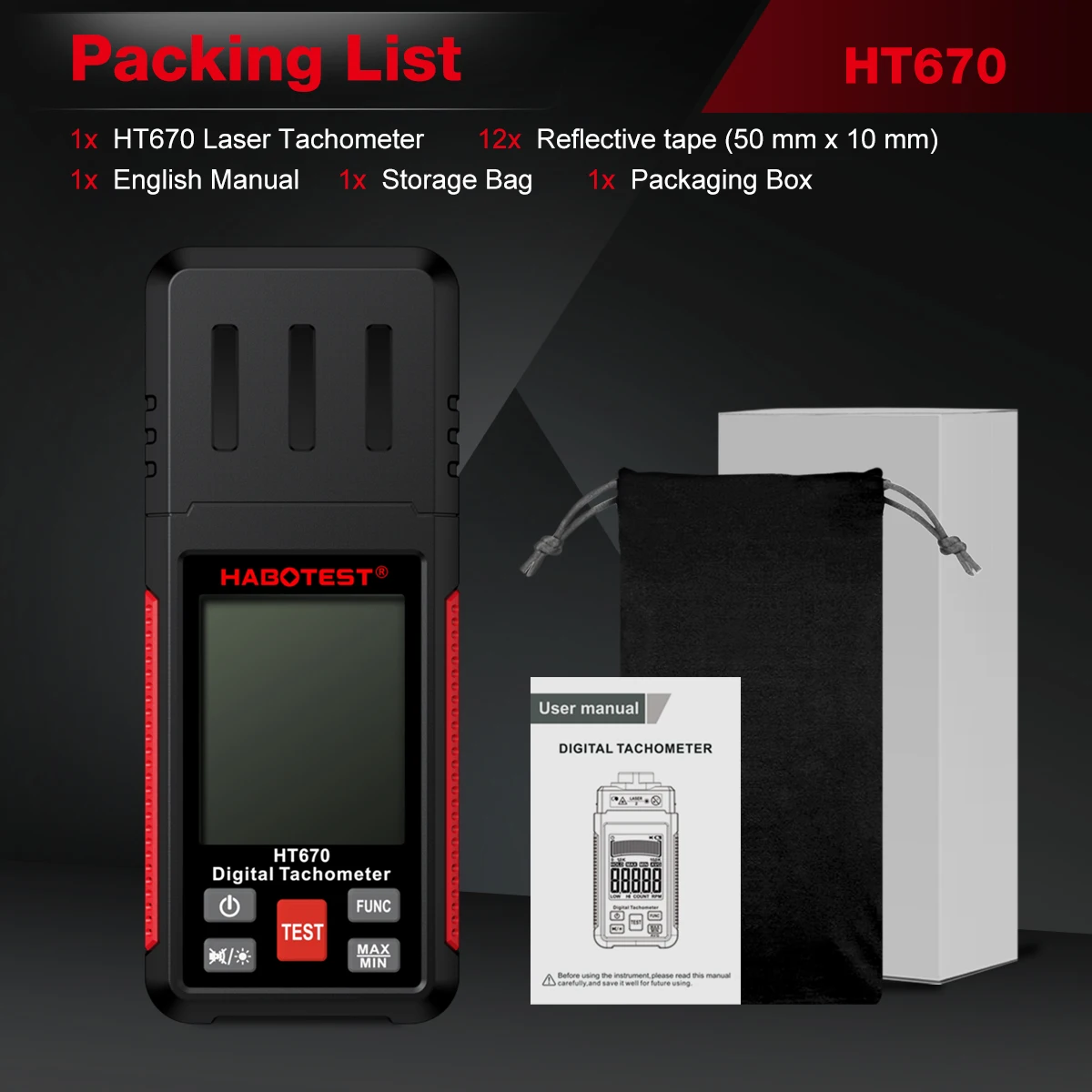 HABOTEST HT670 מד דיגיטלי לייזר תמונה טכומטר ללא מגע מגע RPM 2.5-99999 Rev/Min מדידת מהירות מנוע סיבוב