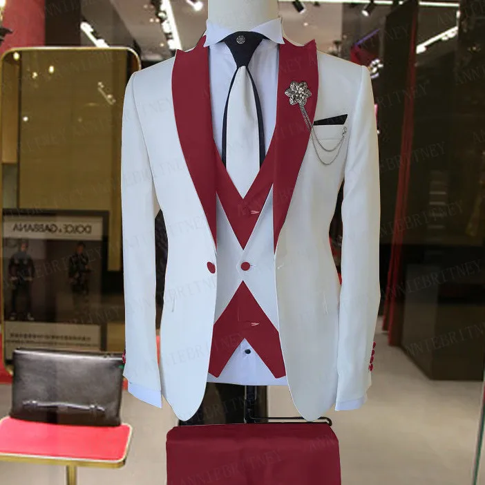 Mens Suit 3 Pieces Groom Wedding Blazer Sets Fashion Designs White Business Jacket Vest Royal Blue Pants Tuxedo