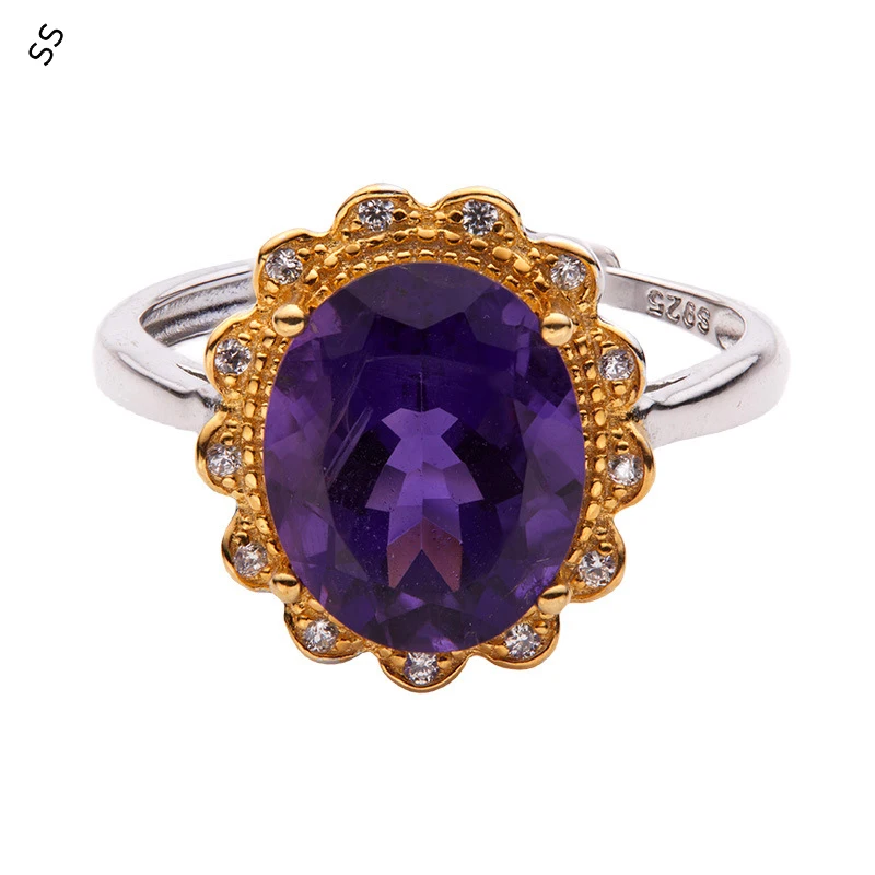 

Italian craft Color Treasure Purple Crystal Adjustable opening Ring Inlaid Natural Amethyst Flowers Light Luxury Finger Charm