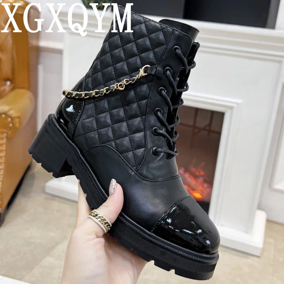 

Autumn Winter Shoes Women Genuine Leather Chunky Heels Boots Metal Chain Designer Shoes Zipper Lace Up Fashion Brand Zapatillas