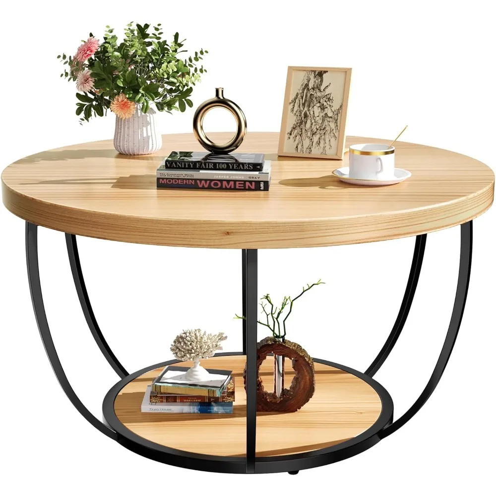 31.5" Round Coffee Table,  2-Tier Coffee Tables for Living Room,  Small Wood Coffee Table with Storage 6