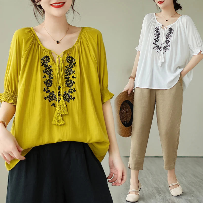 

Женская хлопковая рубашка с вышивкой из конопли, свободная Модная рубашка на шнуровке, летние футболки в стиле Харадзюку, топы, футболки, повседневная Уличная одежда