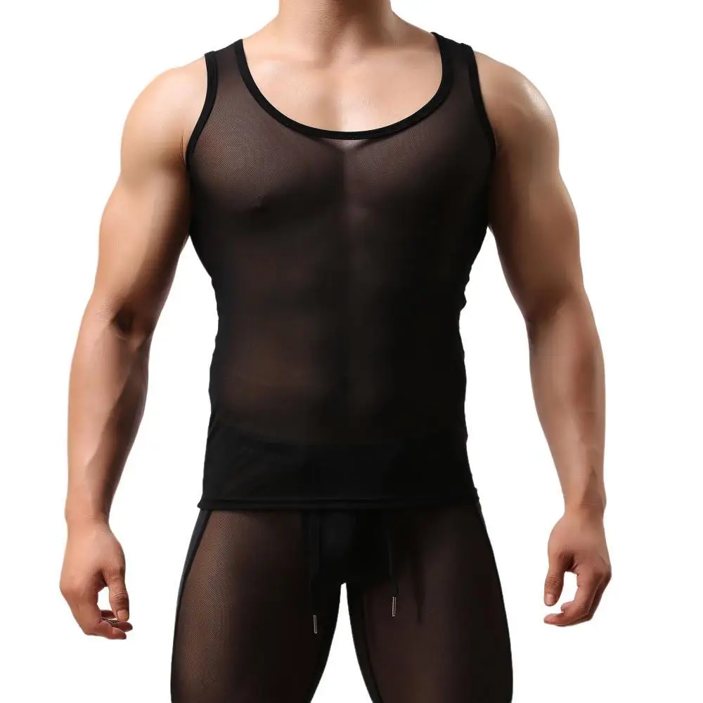 Men Mesh T Shirt Transparent Undershirt Mens Tank Tops See-Through Sleeveless Shirt Sexy Men Singlets Bodybuilding Fitness Mesh Vest