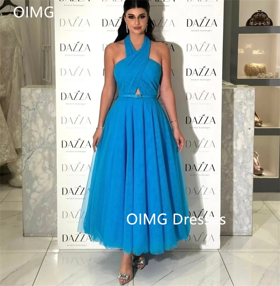 

OIMG Gorgeous Fashion Halter Neck Ankle Length Prom Dresses Sleeveless Blue Low Open Back Tulle Evening Gowns Formal Party Dress