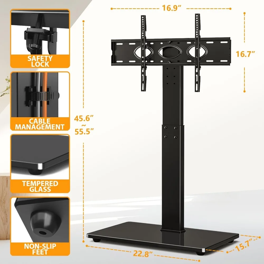 Universal Floor TV Stand,Base for 32-74 Inch TVs with Swivel Height Adjustable Mount,Tempered Glass Base,Space Saving 6