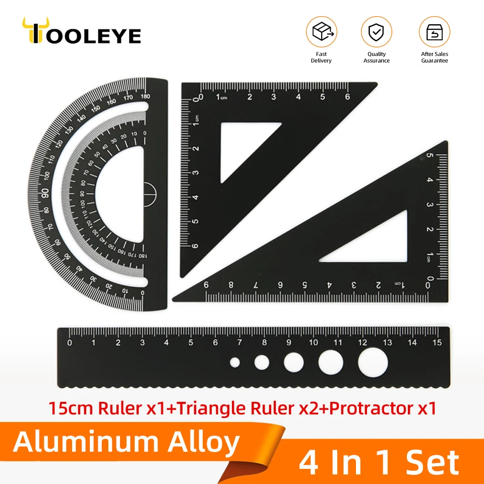 Measuring Tools 4 in 1 Metal Ruler Aluminum Alloy Angle Ruler Protractor Triangle Multifunctional Set Square Goniometer