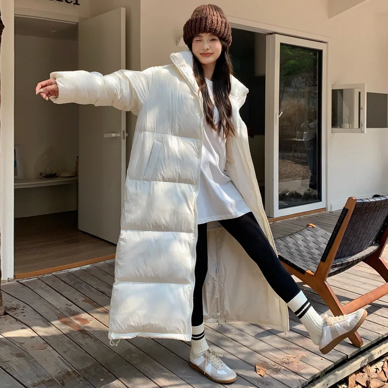 2023 New Oversize Down Cotton Coat Women Long Over Knee Length Thick Loose Bomb Casual Comfortable Overcoat Solid Color White