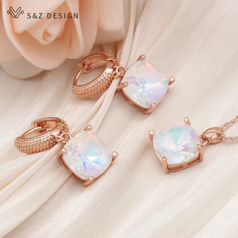 S&Z DESIGN New Fashion 585 Rose Gold Color Square Crystal Dangle Earrings Jewelry Sets For Women Wedding Pendant Necklace Gift