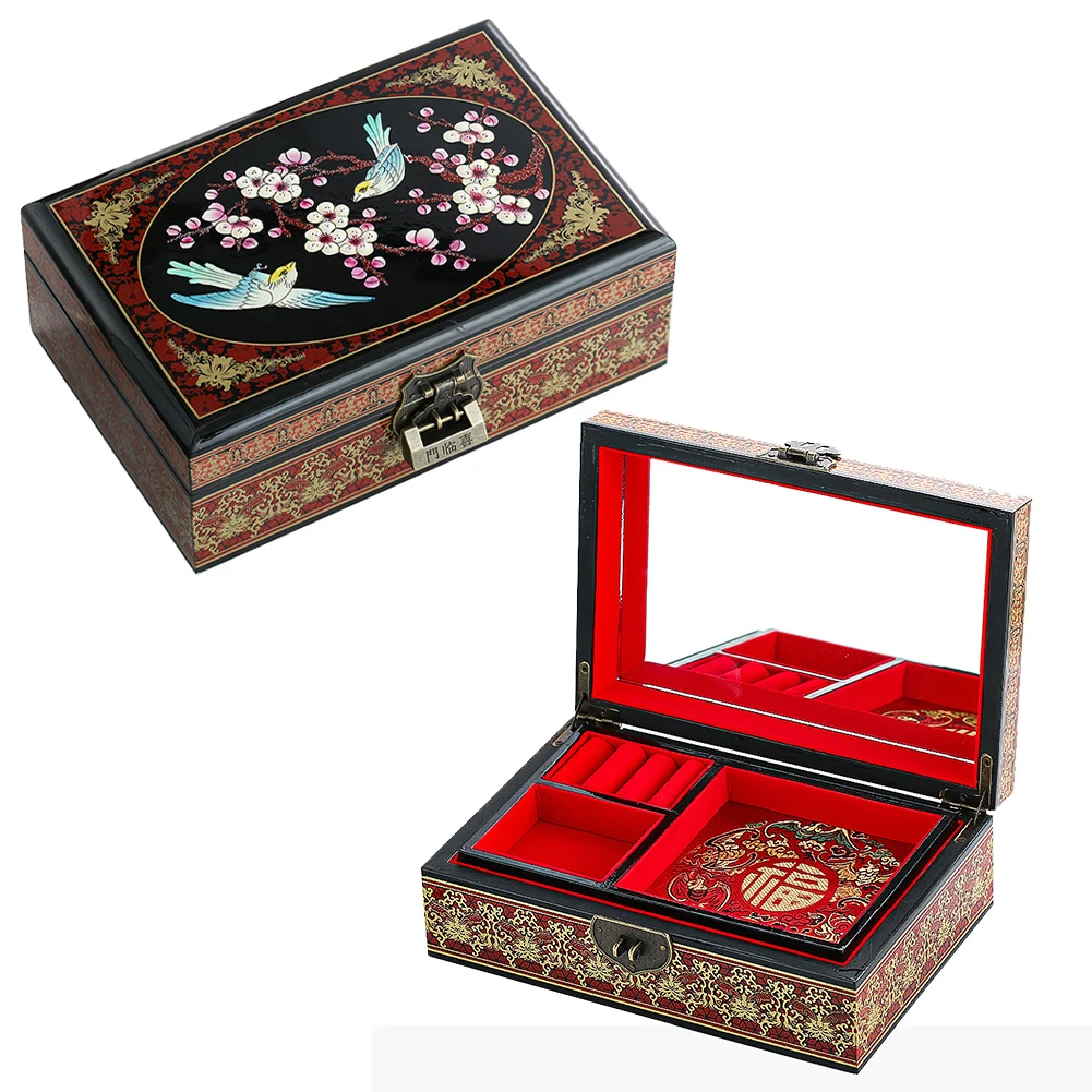 

Chinese Lacquerware Magpie Birds Plum Blossom Solid Wood Jewelry Boxes Mascot Double Layer Box Necklace Rings Trousseau Storage