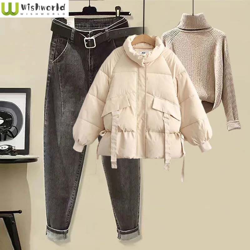 Autumn and Winter Korean Version Bread Jacket Down Cotton Jacket Thickened Coat Sweater Jeans Fashionable Three Piece Suit smartmi toilet seat filter element for smartmi toilet seat upgrade version spiral filter element 5μm filtration pp cotton