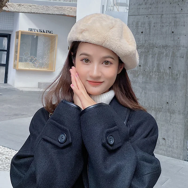 Hot Sale Y2K Rabbit Fur Beret Hat Female Autumn Winter Warm Candy Color All-match Sweet Cute Plush Painter Hats Brim Cap Gorras_autovado.com