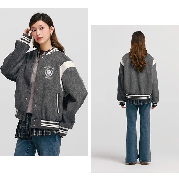 Coat Women Embroidery Patchwork Contrast Color Loose Jacket New Winter Imitation Woolen Baseball Jacket