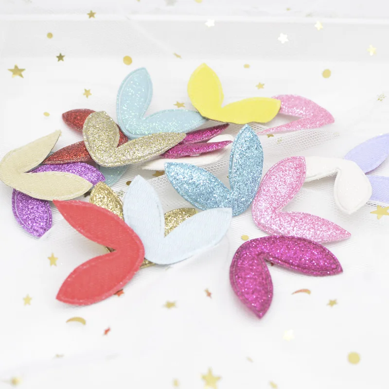 40Pcs 38*30mm 반짝이 패브릭 토끼 귀 Applique 패딩 패치 DIY 머리 후프, 클립, 밴드, 머리 장식, Hairdress 장식