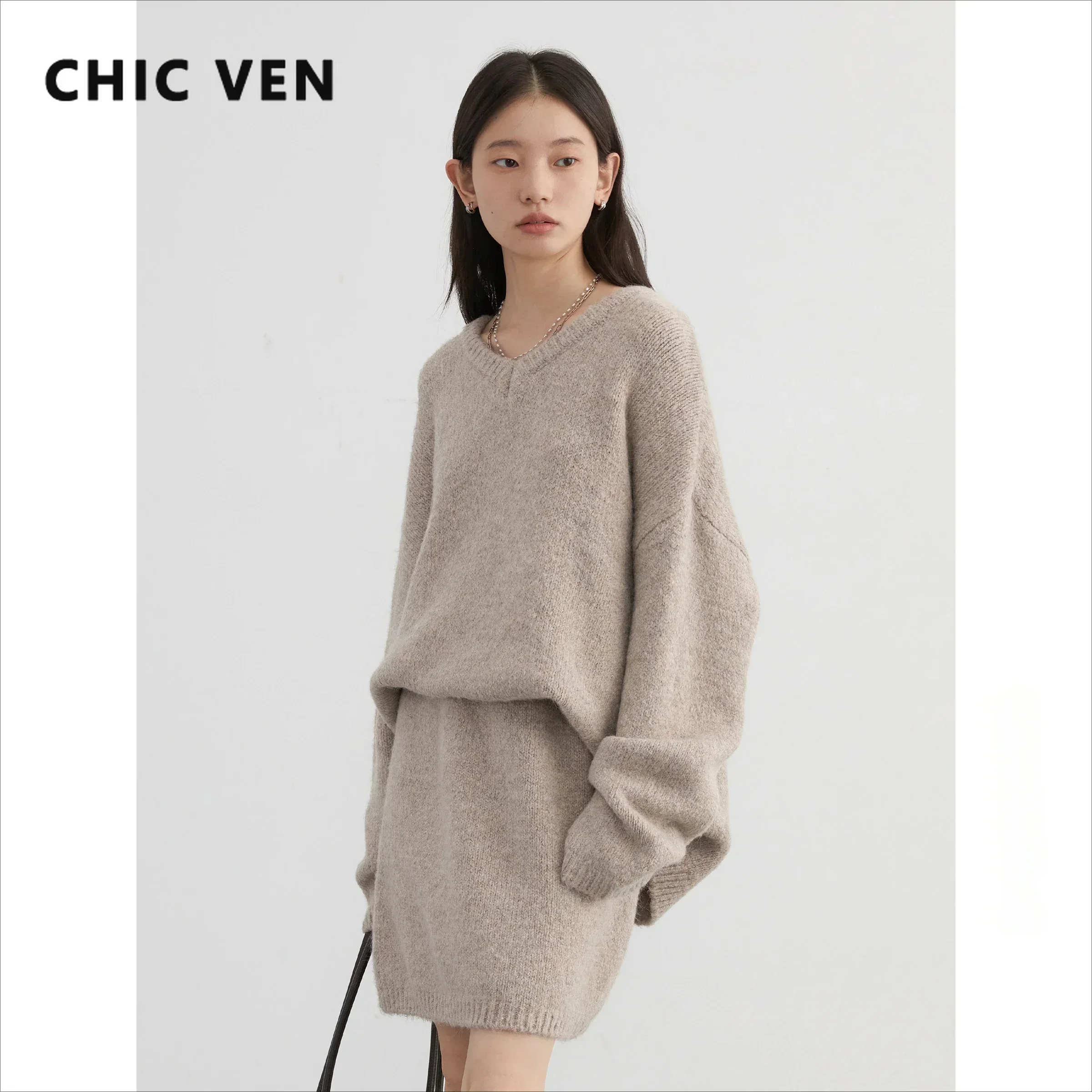 Women Clothing Set CHIC VEN Fashion Skirt Set Pullover Loose Mini V-neck Solid Sweater Straight Leg Skirts Spring Autumn