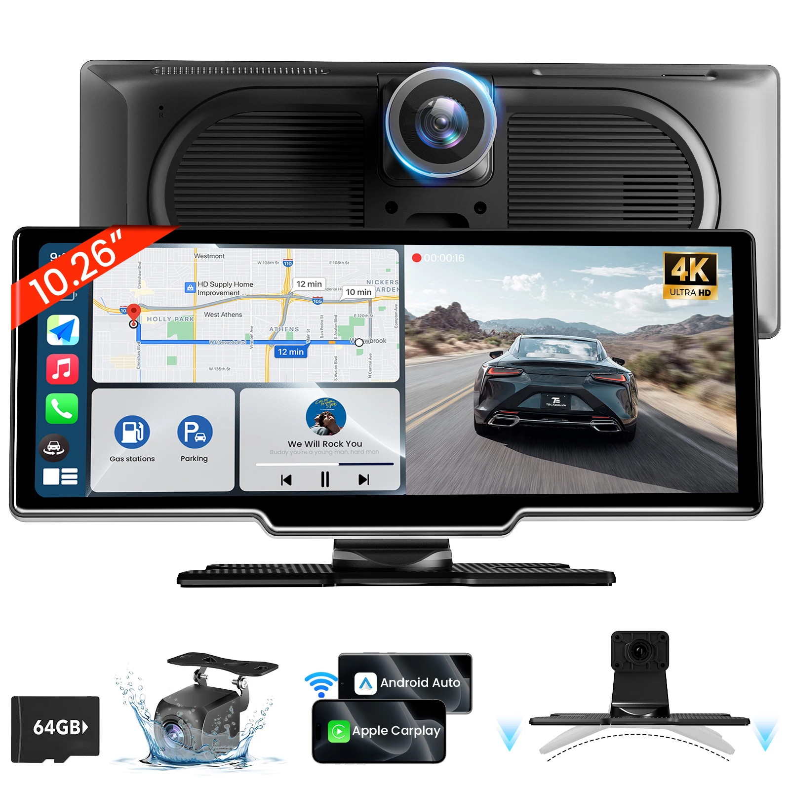 Wireless Carplay Screen 4K Dash Cam 1080P Backup Camera Android Auto GPS Airplay Mirror Link Easy Install 10.26"
