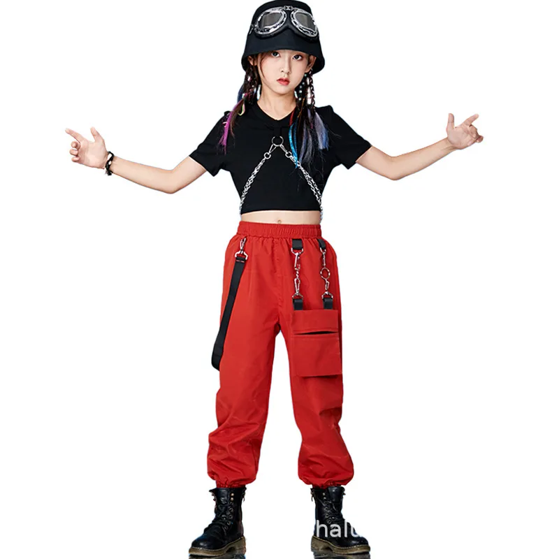 

Детская одежда для девочек, черный укороченный топ с V-образным вырезом, пуловер с цепочкой, бордовые карго, джоггеры, 2 шт., костюм для танцев в стиле хип-хоп