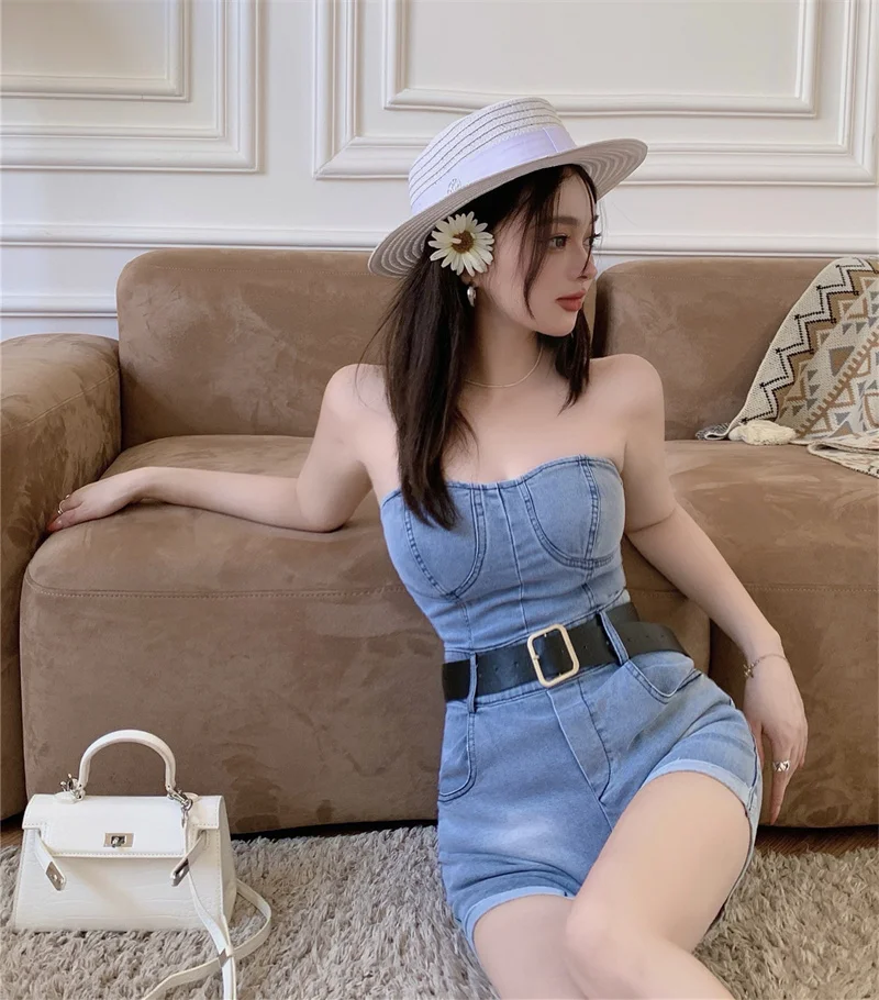 Women's Chic Strapless Slim Denim Playsuit Lady Summer Sexy Streetwear Solid Color Sleeveless Rompers