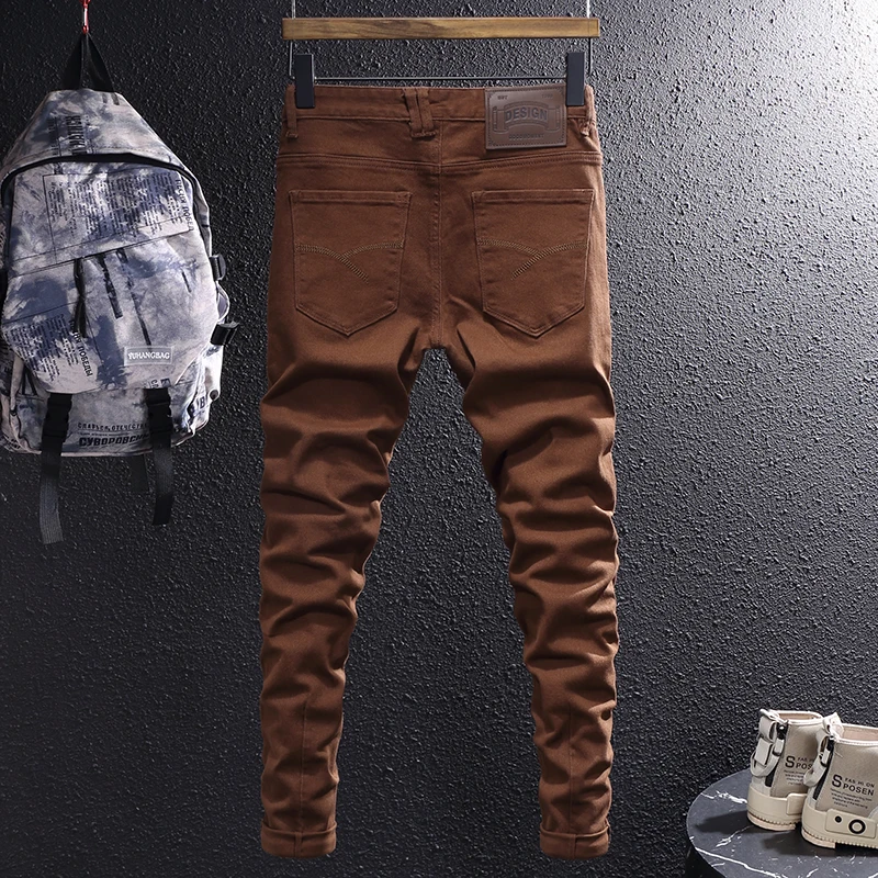 Newly Designer Men Jeans Khaki Brown Elastic Slim Fit Stretch Jeans Men Vintage Trousers Korean Simple Casual Denim Pants Hombre 4