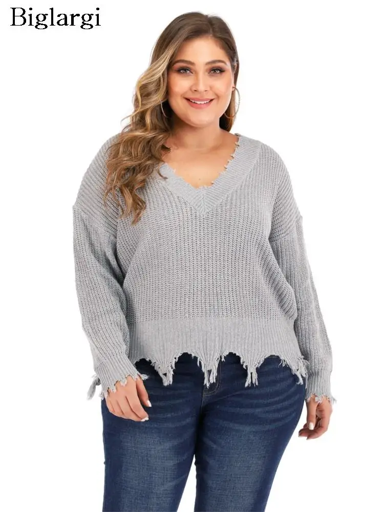 

Plus Size Autumn Winter V-Neck Pullover Sweater Women Fringe Modis Long Sleeve Ladies Cropped Sweaters Loose Woman Sweater 2023