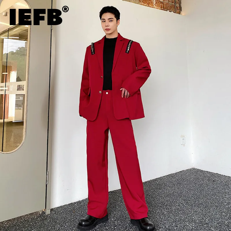 

IEFB Slim Men's Blazers Set Fashion Korean Style Niche Design Ruffled Handsome Shoulder Pad Suit Coat Straight Suit Pants 9C2332