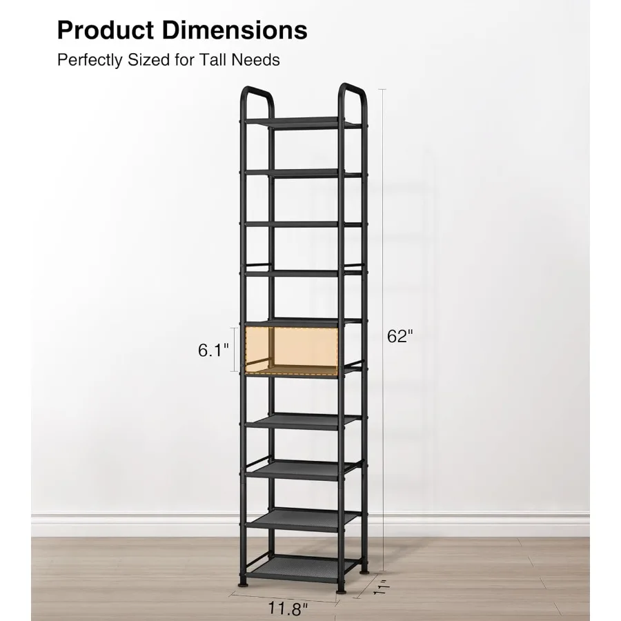 10Tier Narrow Shoe Rack with Sturdy Mesh Shelves Slim Tall Metal Shoe Organizer for Entryway Closet Hallway Holds 10 Pairs Vert