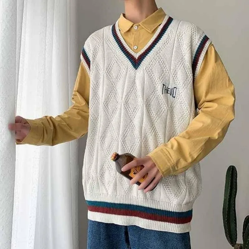 

Pullover Solid Top Gentle Twist Vest Patchwork Tess Loose Men Fashion Knitted Sweater Autumn Students Stripe Spring Casual