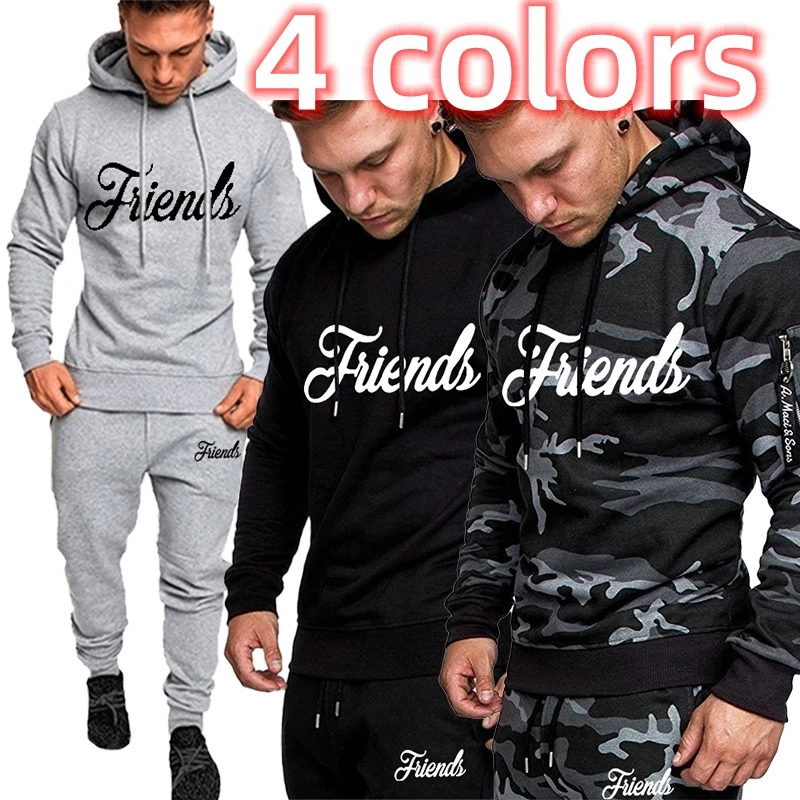 

Men's Fashion Pullover Printed Hooded Men's Sweatshirt and Sweatpants Sportswear Jogging Set in 4 Colors