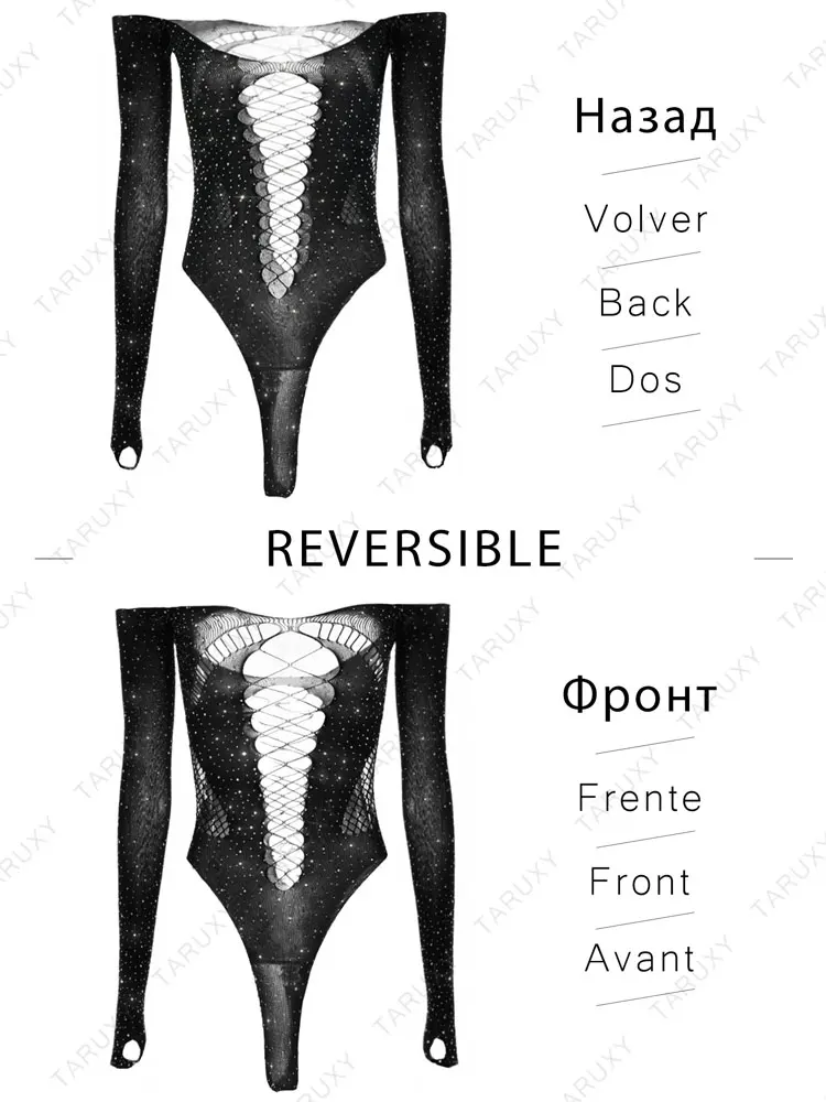 Crystal Mesh Sexy Bodysuit Lingerie Black See Through Backless Hollow Out Bodysuit Nightclub Party Hot Workwear Playsuit