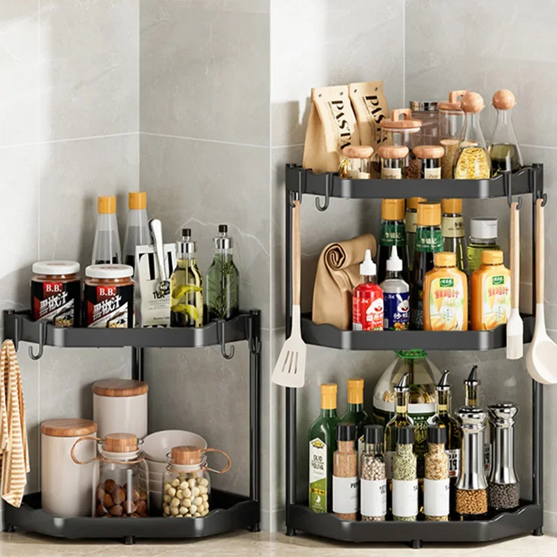 

Multi Plastic Corner Tripod Rack Seasoning Hook Layers With Organizer Kitchen Shelf Multifunctional Storage Metal