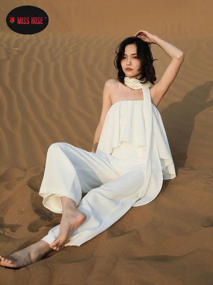 Belt Women Strapless White Rompers Travel Honeymoon Jumpsuit Designer Luxurious Pleated Ruffles Wide Leg Fashion Chic Jumpsuit
