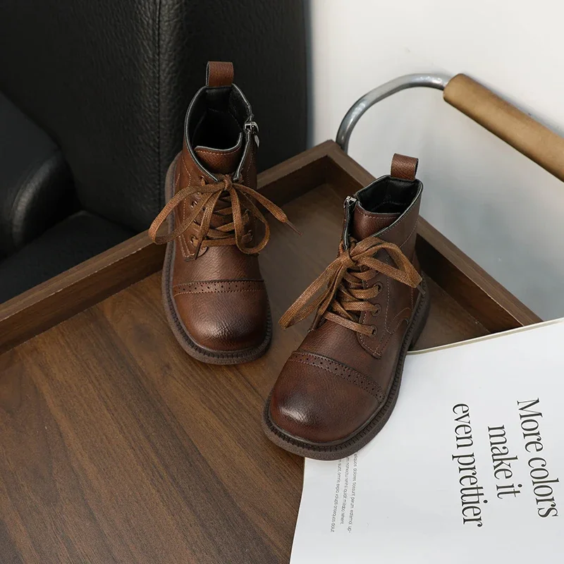 Children's Ankle Boots Wide Version Leather Casual Shoes Non-slip Cow Tendon Bottom zipper Boot For Boys Girls casual shoes children boots
