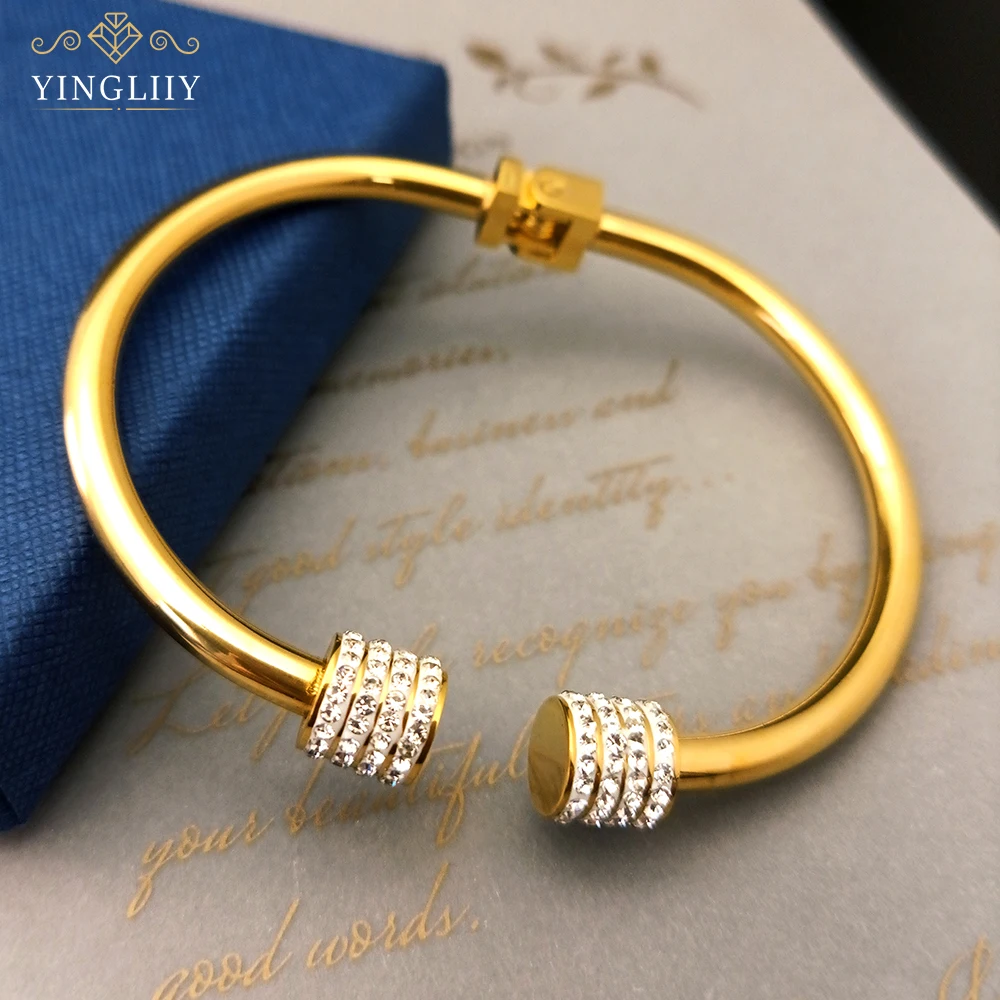Yingliiy 316L Stainless Steel Bangles For Women Gold Color Rhinestone Beaded Bracelet Crystal 2023 New Fashion Jewelry Gifts