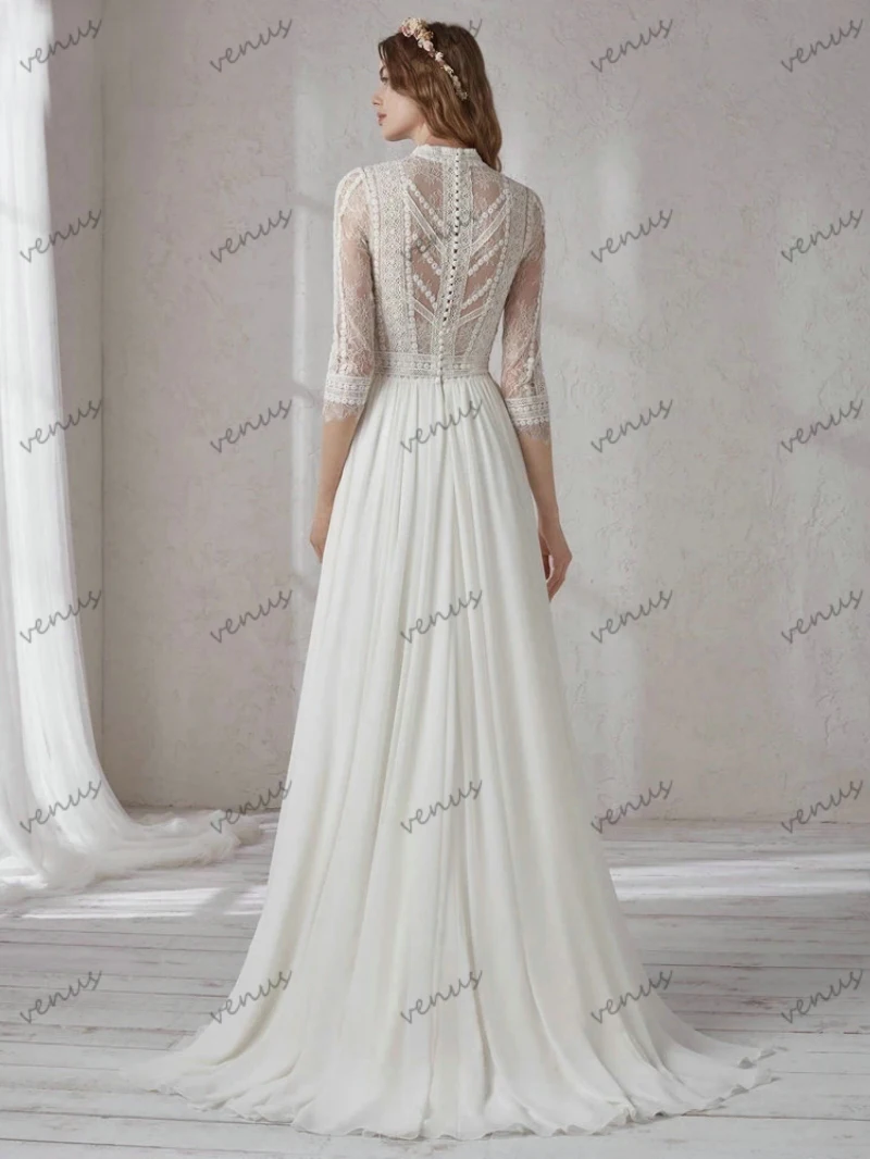 Modest Boho Bridal Gowns, mangas três quartos, A Line Chiffon Robes para festa formal, vestidos de casamento elegantes