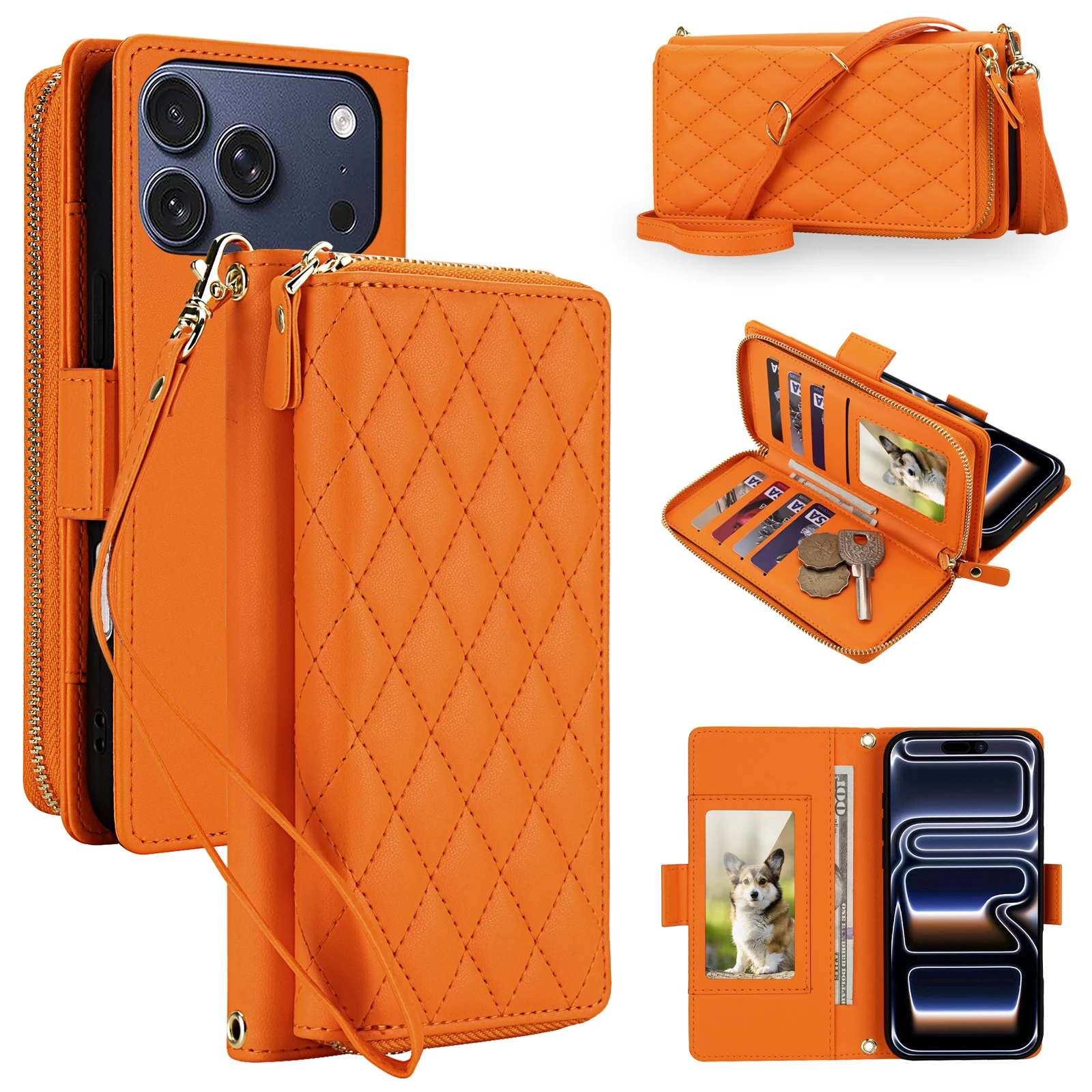 Sleek Zipper Wallet Crossbody Case with Detachable Wrist Strap