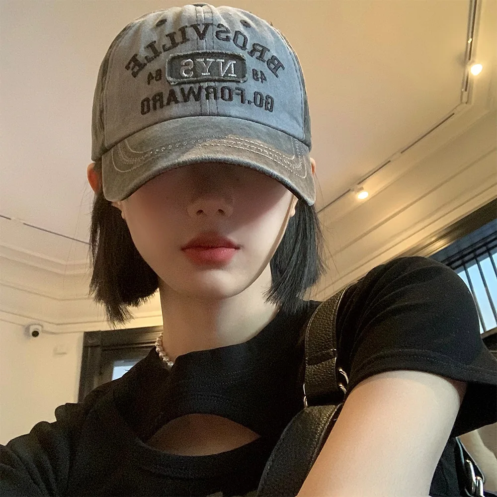 Baseball Cap ELAIF American Vintage Baseball Cap Women's Soft Top Letter Washed Denim Cap Wide Brim Large Head Circumference Small Hat