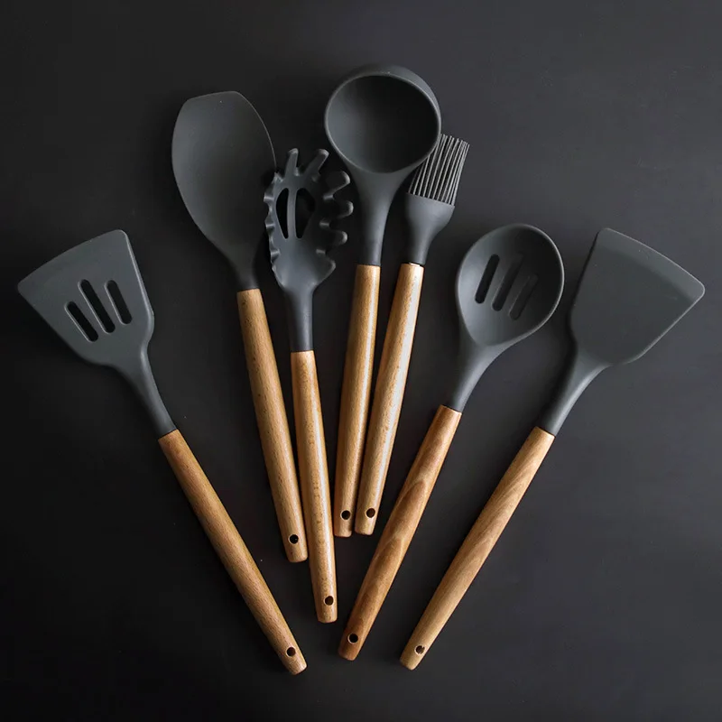 Silicone Kitchenware Cooking Spatula Soup Spoon Wooden Handle Non-stick Cookware Spatula Kitchen Cooking Tool