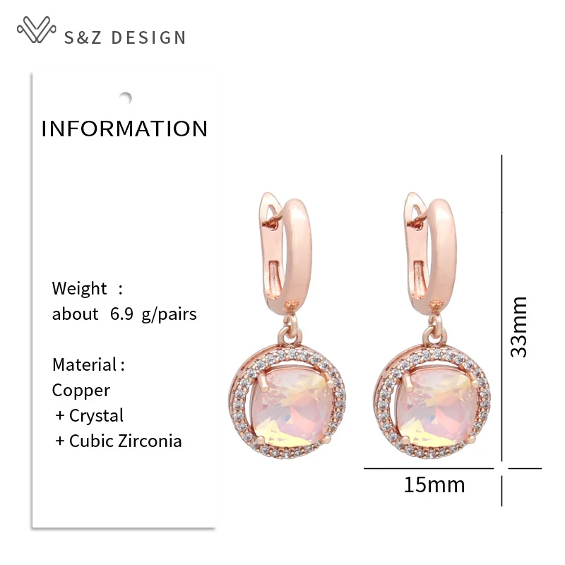 S&Z DESIGN New Fashion Round Cubic Zirconia Square Crystal Dangle Earrings For Women 585 Rose Gold Color Wedding Party Jewelry