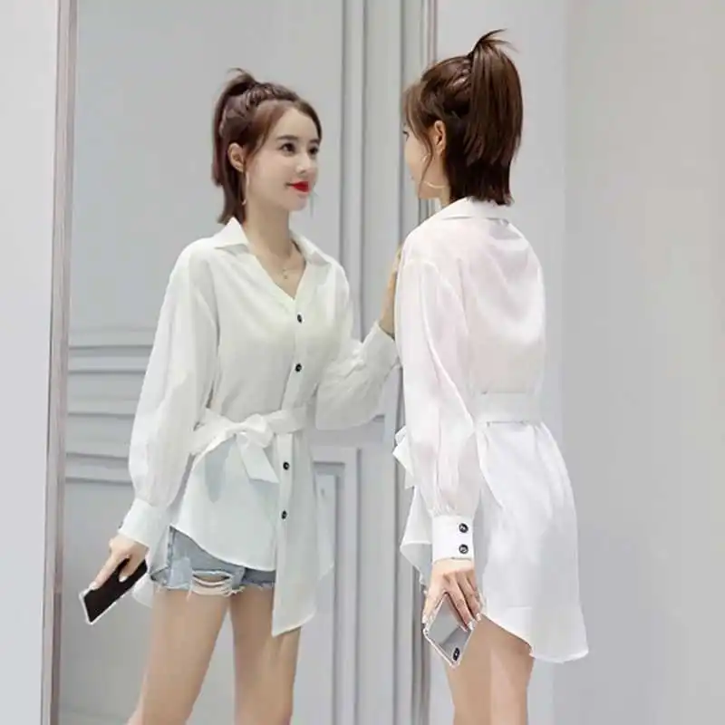 

Модная красная рубашка TPJB, женские офисные рубашки неправильной формы на весну и осень, белая шифоновая блузка средней длины, топы в комплекте с поясом