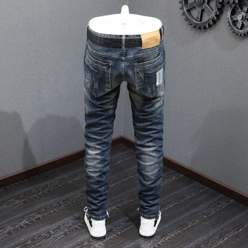 Italian Style Fashion Men Jeans Retro Black Blue Elastic Vintage Slim Ripped Jeans Men Embroidery Patched Designer Pants Hombre