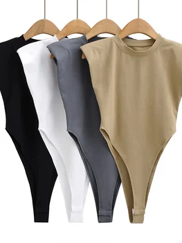 Sexy tops women  Summer one-pieces bodycon bodysuit padded shoulder bodysuit black sleeveless body suits for women white 1