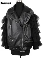 Mauroicardi-Veste courte en cuir PU pour femme avec ceinture, vêtements de créateur de luxe, dentelle patchwork, doux, léger, noir, printemps, 2025 1