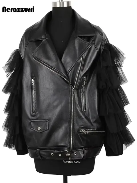 Mauroicardi-Veste courte en cuir PU pour femme avec ceinture, vêtements de créateur de luxe, dentelle patchwork, doux, léger, noir, printemps, 2025 1