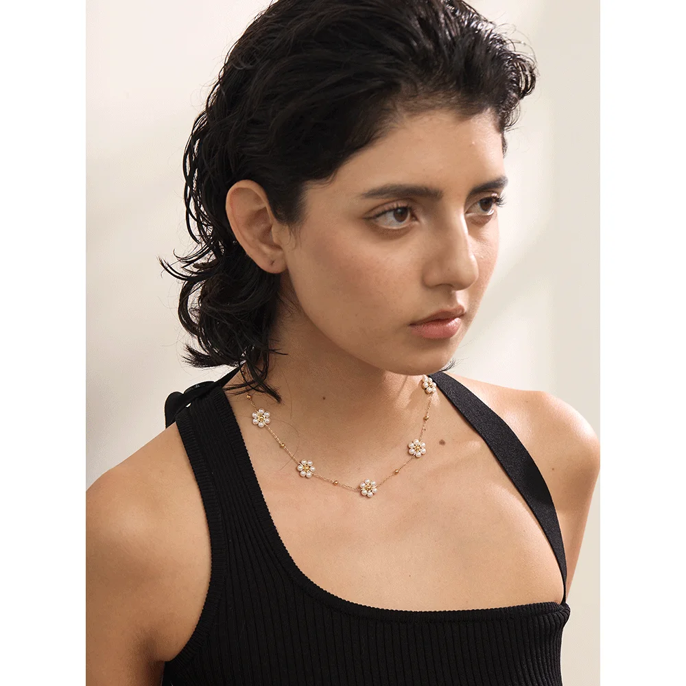 Yhpup Handmade Flower Necklace Women 18K Gold PVD Stainless Steel
